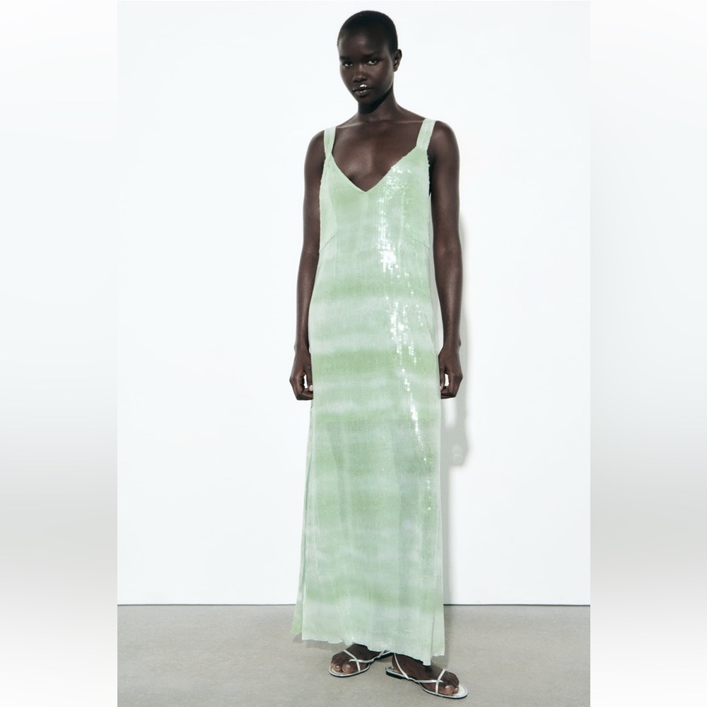 Zara Light Green Sequin Maxi Dress (NWT)